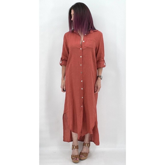 Linen Shirt Dress MEO MELI Dress Button Up Rust Chili Pepper One Size NWOT - Picture 1 of 10